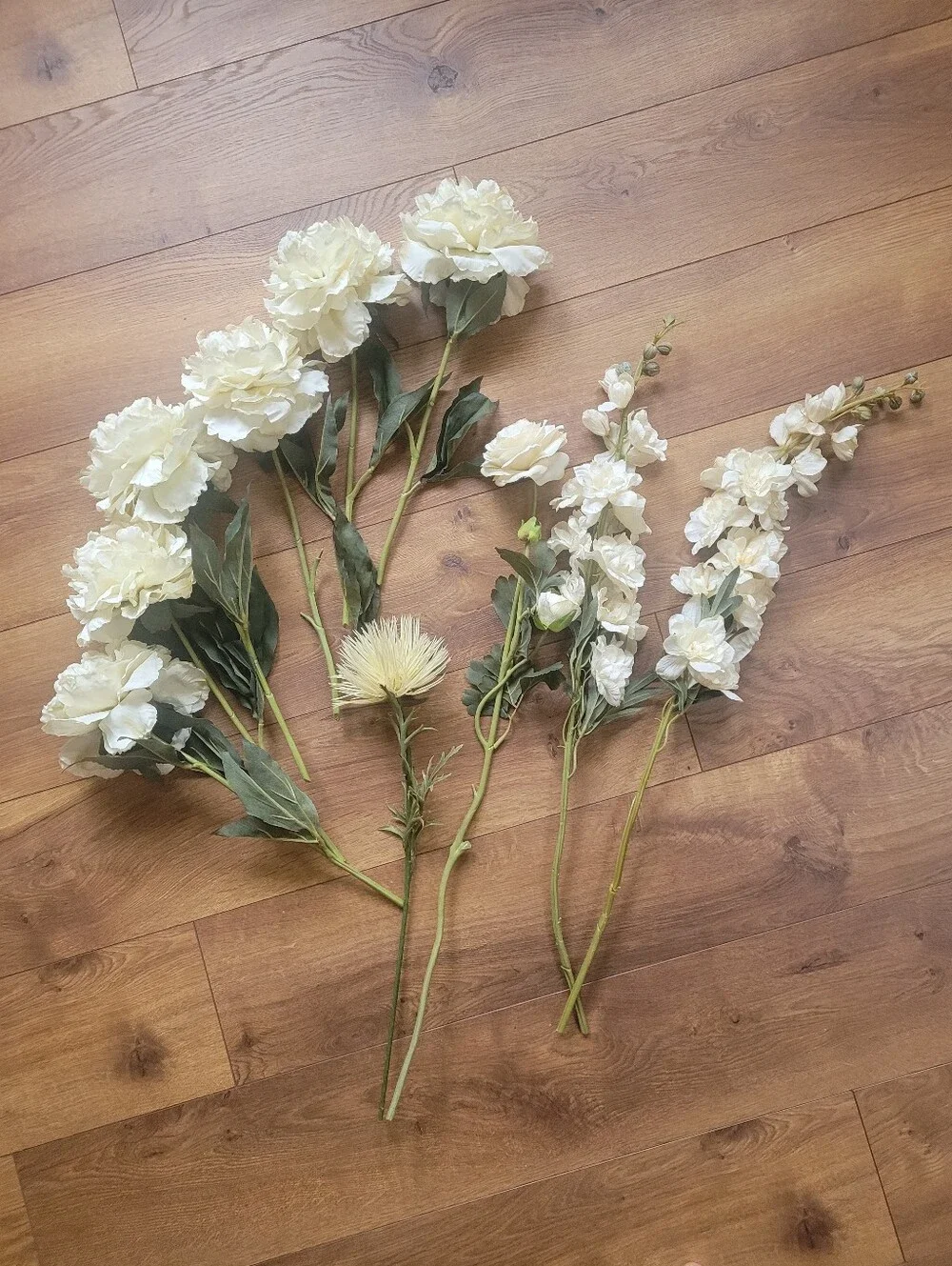 Silk White Flowers. Peonies, Rose and Delphiniums.